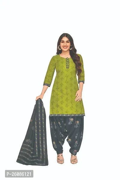 Elegant Green Cotton Printed Dress Material with Dupatta For Women-thumb0