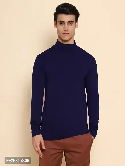 Beautiful Navy Blue Cotton Blend Solid Tshirt For Men