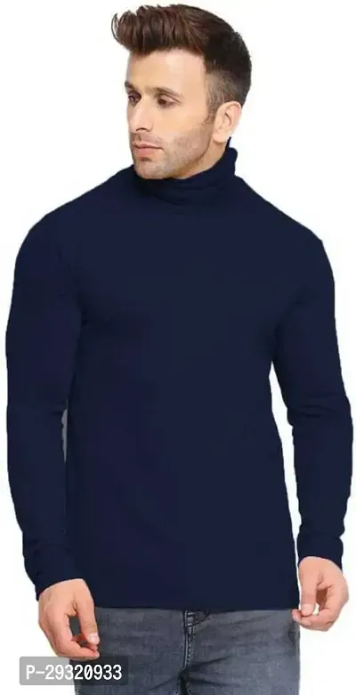Beautiful Navy Blue Cotton Blend Solid High Neck Tshirt For Men