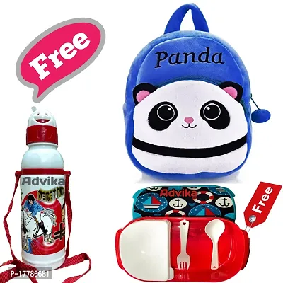 Panda Pink Bag With Free Water and Lunch Box  Bottle Kids Soft Cartoon Animal Velvet Plush School Backpack Bag for 2 to 5 Years Baby/Boys/Girls Nursery, Preschool, Picnic