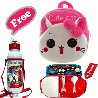 Cute Cat Bag With Free Water and Lunch Box Bottle Kids Soft Cartoon Animal Velvet Plush School Backpack Bag for 2 to 5 Years Baby/Boys/Girls Nursery, Preschool, Picnic