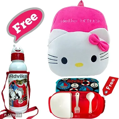 Hello Kitty Bag With Free Water Bottle and Lunch Box Kids Soft Cartoon Animal Velvet Plush School Backpack Bag for 2 to 5 Years Baby/Boys/Girls Nursery, Preschool, Picnic