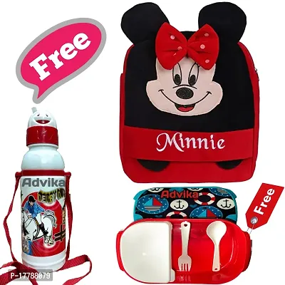 Minnie Headup Bag With Free Water Bottle and Lunch Box Kids Soft Cartoon Animal Velvet Plush School Backpack Bag for 2 to 5 Years Baby/Boys/Girls Nursery, Preschool, Picnic