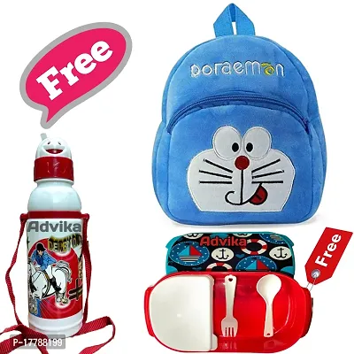 Doremon Bag With Free Water Bottle and Lunch Box Kids Soft Cartoon Animal Velvet Plush School Backpack Bag for 2 to 5 Years Baby/Boys/Girls Nursery, Preschool, Picnic