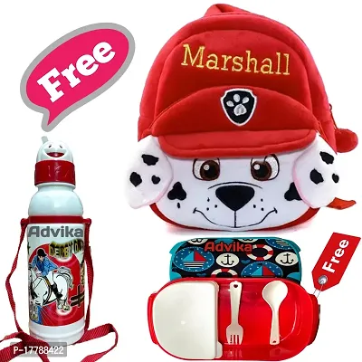 Marshal Bag With Free Water Bottle and Lunch Box Kids Soft Cartoon Animal Velvet Plush School Backpack Bag for 2 to 5 Years Baby/Boys/Girls Nursery, Preschool, Picnic