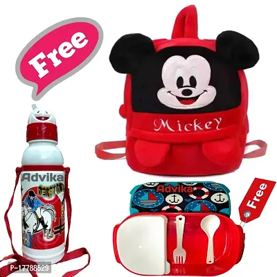 Mickey Headup Bag With Free Water Bottle and Lunch Box Kids Soft Cartoon Animal Velvet Plush School Backpack Bag for 2 to 5 Years Baby/Boys/Girls Nursery, Preschool, Picnic-thumb0