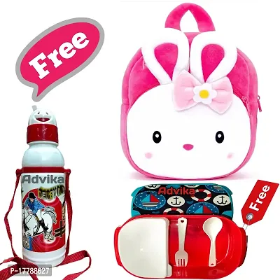Rabbite Kongi Bag With Free Water Bottle and Lunch Box Kids Soft Cartoon Animal Velvet Plush School Backpack Bag for 2 to 5 Years Baby/Boys/Girls Nursery, Preschool, Picnic