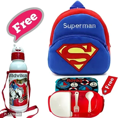 Superman Bag With Free Water Bottle and Lunch Box Kids Soft Cartoon Animal Velvet Plush School Backpack Bag for 2 to 5 Years Baby/Boys/Girls Nursery, Preschool, Picnic