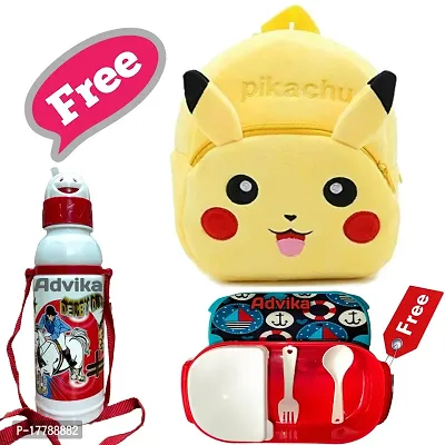 Pikachu Bag With Free Water Bottle Lunch Box Kids Soft Cartoon Animal Velvet Plush School Backpack Bag for 2 to 5 Years Baby/Boys/Girls Nursery, Preschool, Picnic