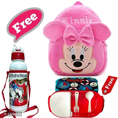Minnie Pink Bag With Free Water Bottle and Lunch Box Kids Soft Cartoon Animal Velvet Plush School Backpack Bag for 2 to 5 Years Baby/Boys/Girls Nursery, Preschool, Picnic