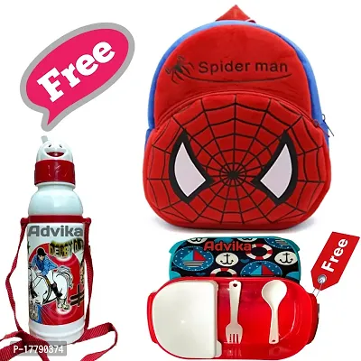 Spiderman Red Bag With Free Water Bottle and Lunch Box Kids Soft Cartoon Animal Velvet Plush School Backpack Bag for 2 to 5 Years Baby/Boys/Girls Nursery, Preschool, Picnic