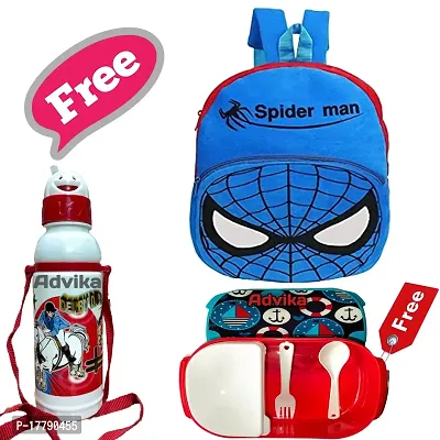 Spiderman Blue Bag With Free Water Bottle and Lunch Box Kids Soft Cartoon Animal Velvet Plush School Backpack Bag for 2 to 5 Years Baby/Boys/Girls Nursery, Preschool, Picnic