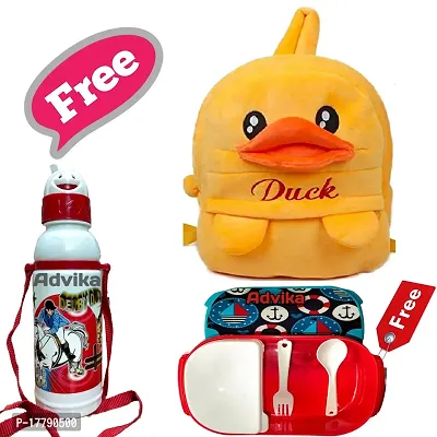 Duck Bag With Free Water Bottle and Lunch Box Kids Soft Cartoon Animal Velvet Plush School Backpack Bag for 2 to 5 Years Baby/Boys/Girls Nursery, Preschool, Picnic