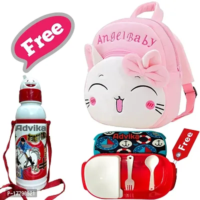 Angel Baby Bag With Free Water Bottle and Lunch Box Kids Soft Cartoon Animal Velvet Plush School Backpack Bag for 2 to 5 Years Baby/Boys/Girls Nursery, Preschool, Picnic
