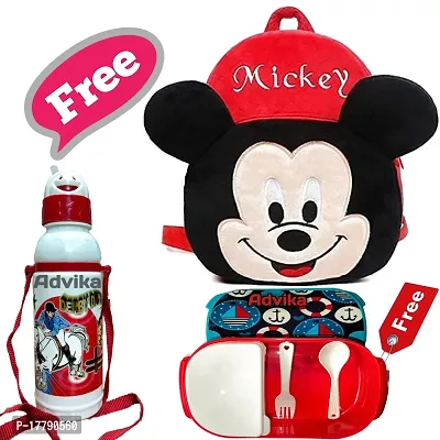 Mickey Bag With Free Water Bottle and Lunch Box Kids Soft Cartoon Animal Velvet Plush School Backpack Bag for 2 to 5 Years Baby/Boys/Girls Nursery, Preschool, Picnic
