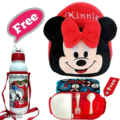 Minnie Red Bag With Free Water Bottle and Lunch Box Kids Soft Cartoon Animal Velvet Plush School Backpack Bag for 2 to 5 Years Baby/Boys/Girls Nursery, Preschool, Picnic