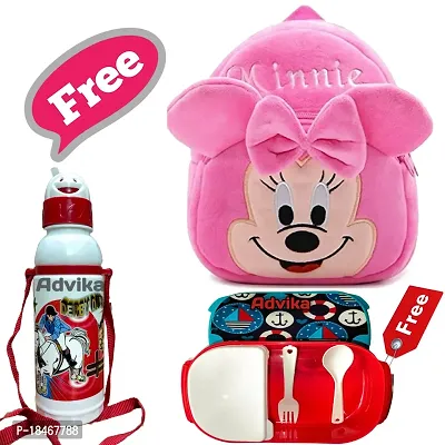 Minnie Pink Free Water Bottle and Lunch Box Kids Soft Cartoon Velvet Animal Plush School Backpack Bag For 2 To 5 Years Girls/Baby/Boys/Toddler -Picnic, Nursery, Preschool