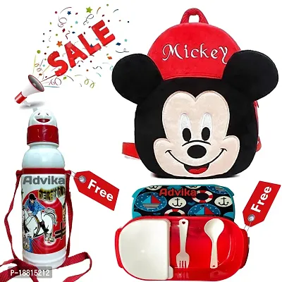 Mickey Free Water Bottle and Lunch Box Kids Bags for School Baby/Boys/Girls Velvet Backpack-thumb0