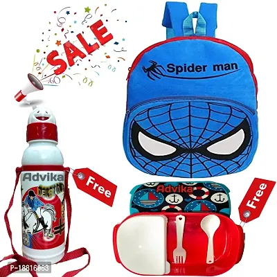 Spiderman Blue with Free Water Bottle and Lunch Box Kids School Backpack Animated Cartooned Bags Girls and Boys Baby(2-6 Years)-thumb0