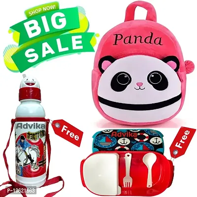 Panda Pink Free Water Bottle and Lunch Box Kids Soft Cartoon Velvet Animal Plush School Backpack Bag For 2 To 5 Years Girls/Baby/Boys/Toddler -Picnic, Nursery, Preschool