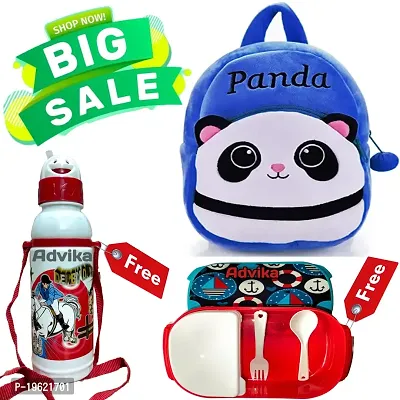 Panda Blue Free Water Bottle and Lunch Box Kids Soft Cartoon Velvet Animal Plush School Backpack Bag For 2 To 5 Years Girls/Baby/Boys/Toddler -Picnic, Nursery, Preschool