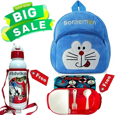 Doremon Free Water Bottle and Lunch Box Kids Soft Cartoon Velvet Animal Plush School Backpack Bag For 2 To 5 Years Girls/Baby/Boys/Toddler -Picnic, Nursery, Preschool