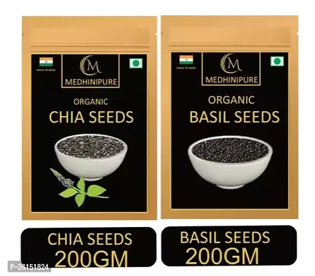 Medhinipure Organic Raw Combo Of Chia Seeds And Basil Seeds (200 Gram X 2)-(Raw) (400 Gm, Pack Of 2)-thumb0