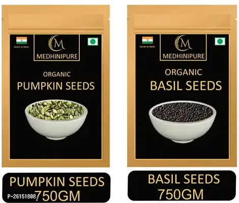 Medhinipure Organic Raw Combo Of Pumpkin Seeds And Basil Seeds (750 Gram X 2)-(Raw) (Pack Of 2)