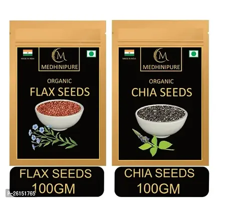 Medhinipure Organics Combo Pack Of Chia Seeds And Flax Seeds (100 Gram X 2)-(Raw) Chia Seeds, Brown Flax Seeds (200 G, Pack Of 2)