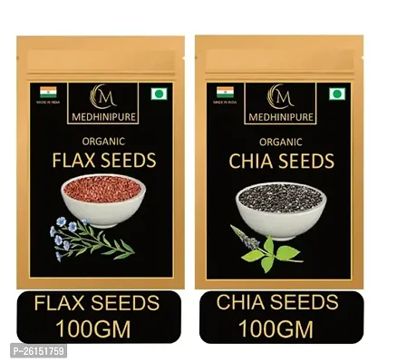 Medhinipure Organics Combo Pack Of Chia Seeds And Flax Seeds (100 Gram X 2) (Raw) Chia Seeds, Brown Flax Seeds (200 G, Pack Of 2)