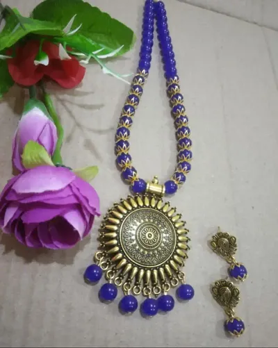 Trendy Designer Oxidised Gold Necklace With Earring