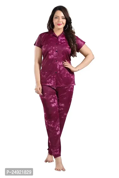 Dsiya Women's Tie-Dye Satin Fabric Front Open Shirt  Full Payjama Night Suit for Womens and Ladies