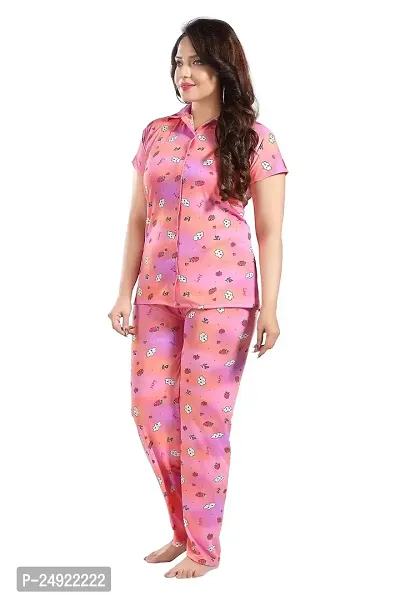 Dsiya Women's Strawberry Printed Satin Fabric Front Open Shirt  Full Payjama Night Suit for Womens and Ladies-thumb3