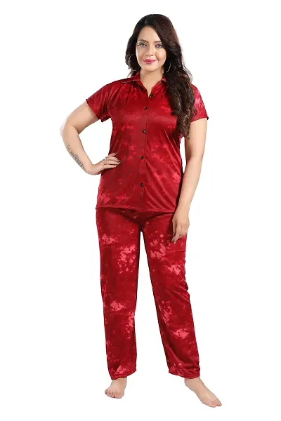 Dsiya Women's Tie-Dye Satin Fabric Front Open Shirt & Full Payjama Night Suit for Womens and Ladies