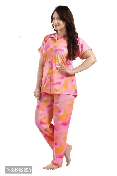 Dsiya Women's Tie-Dye Satin Fabric Front Open Shirt  Full Payjama Night Suit for Womens and Ladies-thumb3