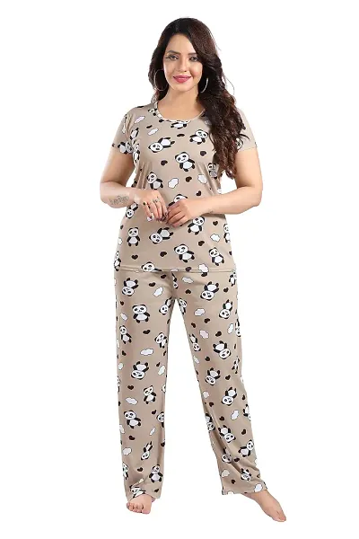 Dsiya Women's Panda Printed Satin Fabric Trendy Glamorous Women Night Suit for Womens and Ladies