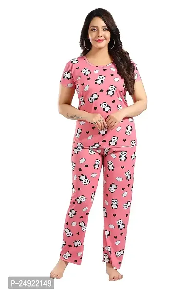 Dsiya Women's Panda Printed Satin Fabric Trendy Glamorous Women Night Suit for Womens and Ladies-thumb0