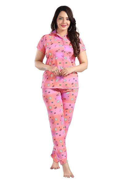 Dsiya Women's Strawberry Printed Satin Fabric Front Open Shirt  Full Payjama Night Suit for Womens and Ladies