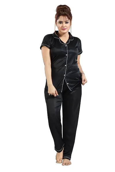 Dsiya Women's Casual V Neck Short Sleeves Plain Night Suit Set of Shirt & Pyjama for Ladies & Girls
