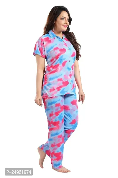 Dsiya Women's Tie-Dye Satin Fabric Front Open Shirt  Full Payjama Night Suit for Womens and Ladies-thumb2