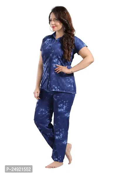 Dsiya Women's Tie-Dye Satin Fabric Front Open Shirt  Full Payjama Night Suit for Womens and Ladies-thumb3