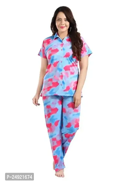 Dsiya Women's Tie-Dye Satin Fabric Front Open Shirt  Full Payjama Night Suit for Womens and Ladies