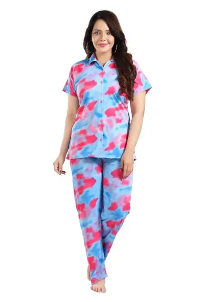 Dsiya Women's Tie-Dye Satin Fabric Front Open Shirt & Full Payjama Night Suit for Womens and Ladies