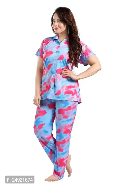 Dsiya Women's Tie-Dye Satin Fabric Front Open Shirt  Full Payjama Night Suit for Womens and Ladies-thumb3