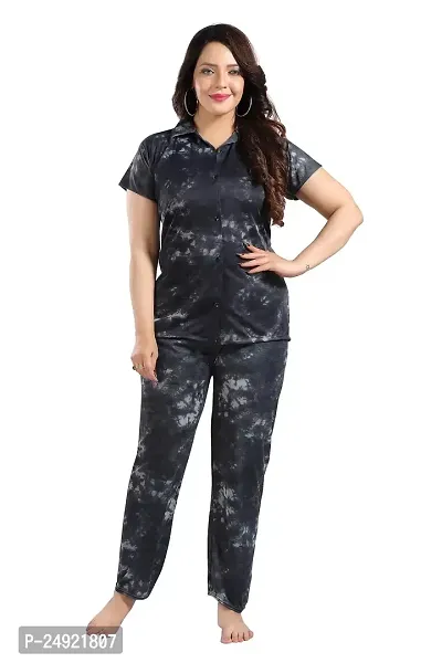 Dsiya Women's Tie-Dye Satin Fabric Front Open Shirt  Full Payjama Night Suit for Womens and Ladies