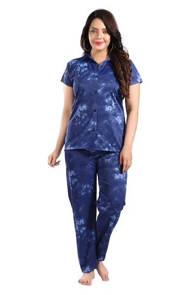Dsiya Women's Tie-Dye Satin Fabric Front Open Shirt & Full Payjama Night Suit for Womens and Ladies