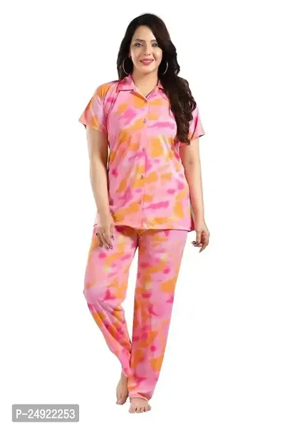 Dsiya Women's Tie-Dye Satin Fabric Front Open Shirt  Full Payjama Night Suit for Womens and Ladies