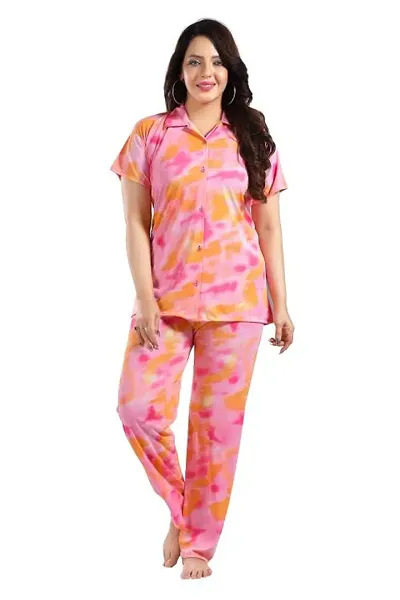 Dsiya Women's Tie-Dye Satin Fabric Front Open Shirt Full Payjama Night Suit for Womens and Ladies