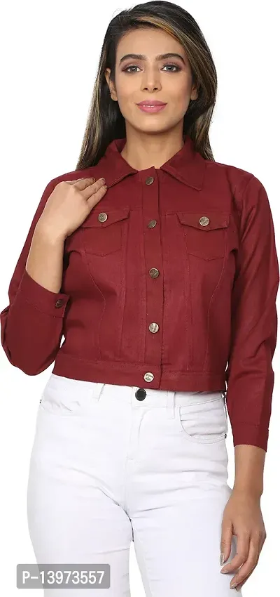 Stylish Maroon Denim Ombre Button Denim Jacket For Women