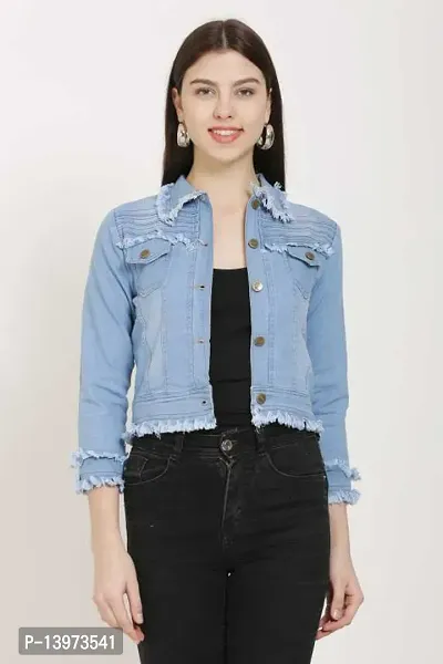 Stylish Blue Denim Ombre Button Denim Jacket For Women